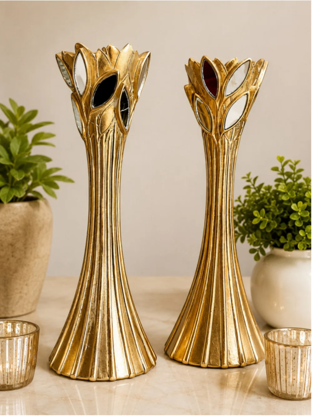 Gaia Gold Candle Holder Set with Mirrored Glass Leaf – 14”